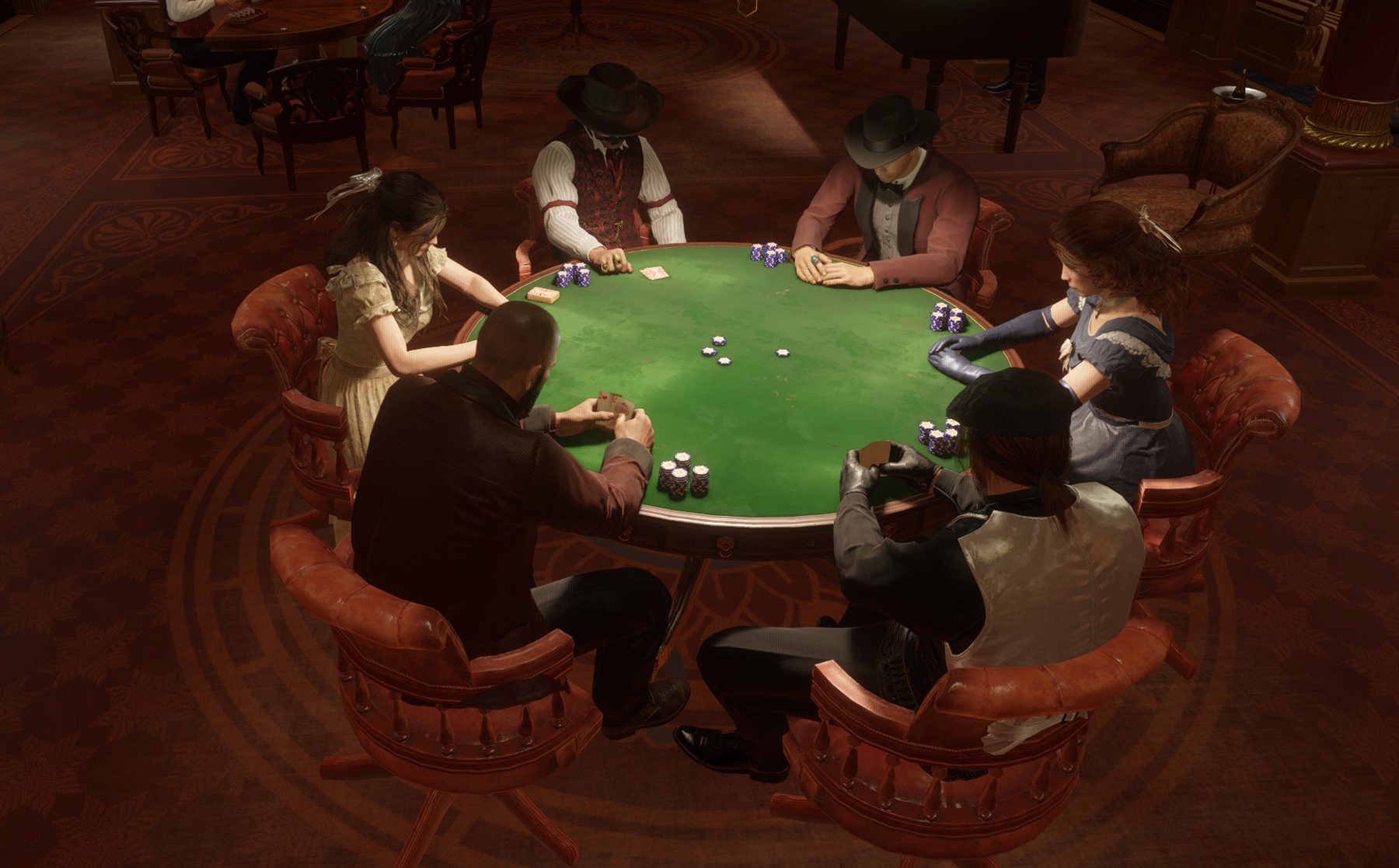 Gemeinsame Pokerrunde in einem Saloon