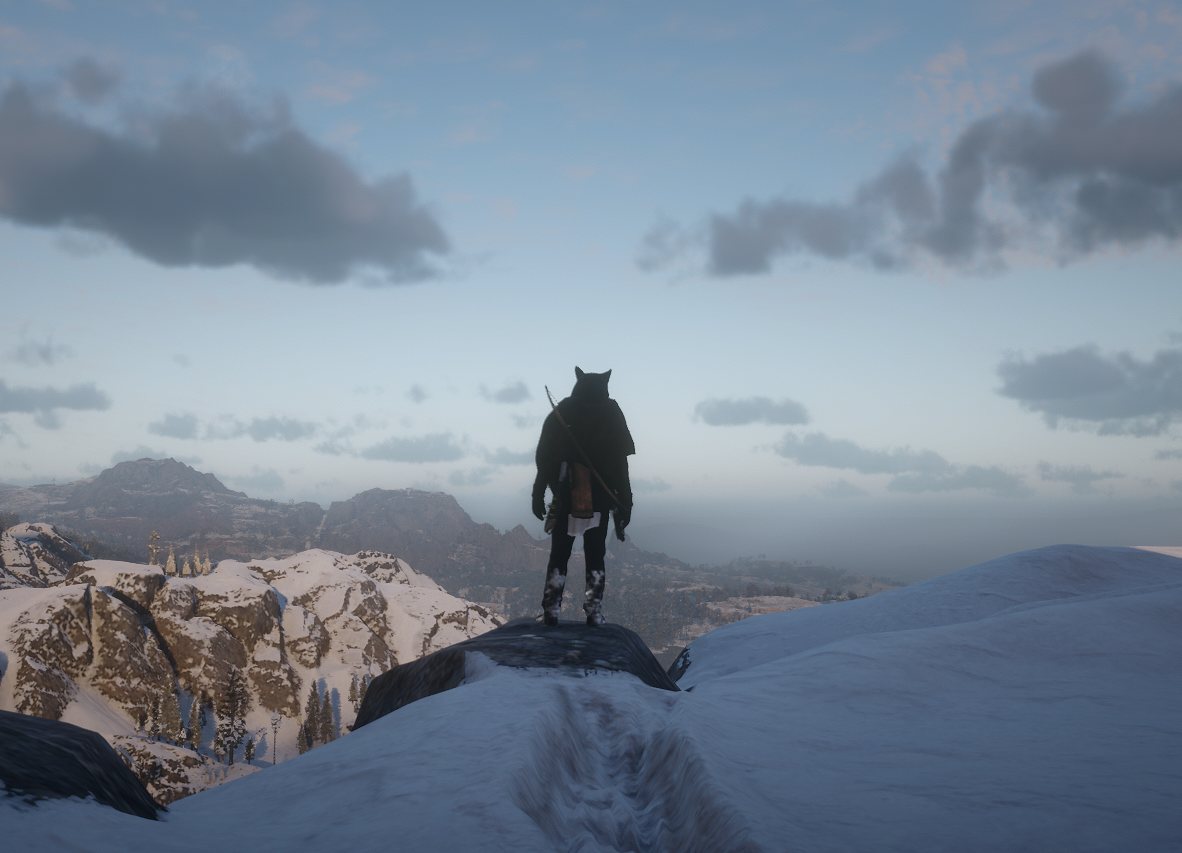 Ein Reiter blickt von einem verschneiten Berg in die Ferne